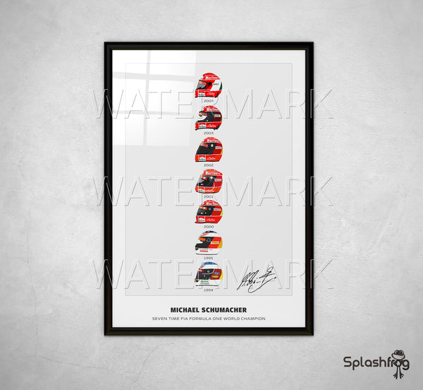 Michael Schumacher Seven Time World Champion Helmets Print, Poster, Artwork, Framed and Available On Canvas. 