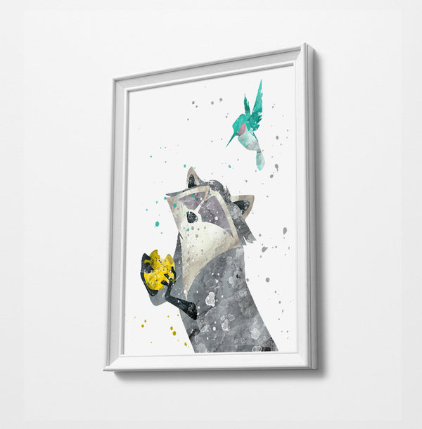 Pocahontas Racoon & Bird | Minimalist Watercolor Art Print Poster Gift Idea For Him Or Her | Nursery Art |