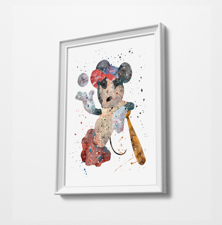Baseball Mickey | Minimalist Watercolor Art Print Poster Gift Idea For Him Or Her | Nursery Art | Gift for Baby |