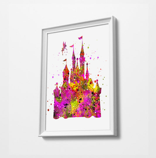 Pink Disney Castle with Tinkerbelle | Minimalist Watercolor Art Print Poster Gift Idea For Him Or Her |