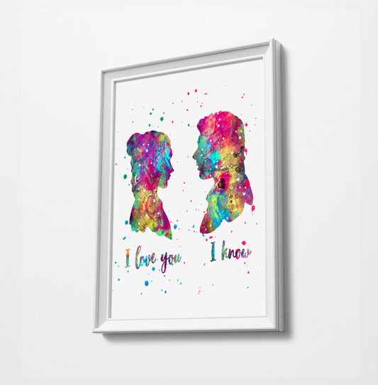 Hans Solo and Princess Leia Minimalist Watercolor Art Print Poster Gift Idea For Him Or Her